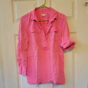 J. Crew Neon Pink Button Down Tunic Shirt, Shortened, Drawstring, Size 4